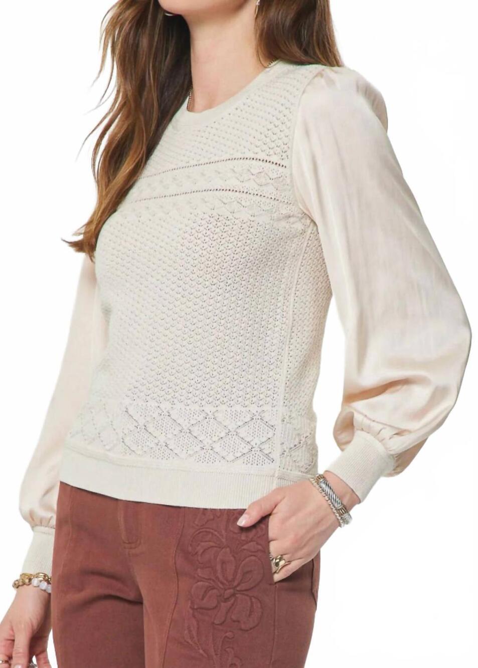 Pointelle Knit Mixed Media Sweater in champagne by Current Air