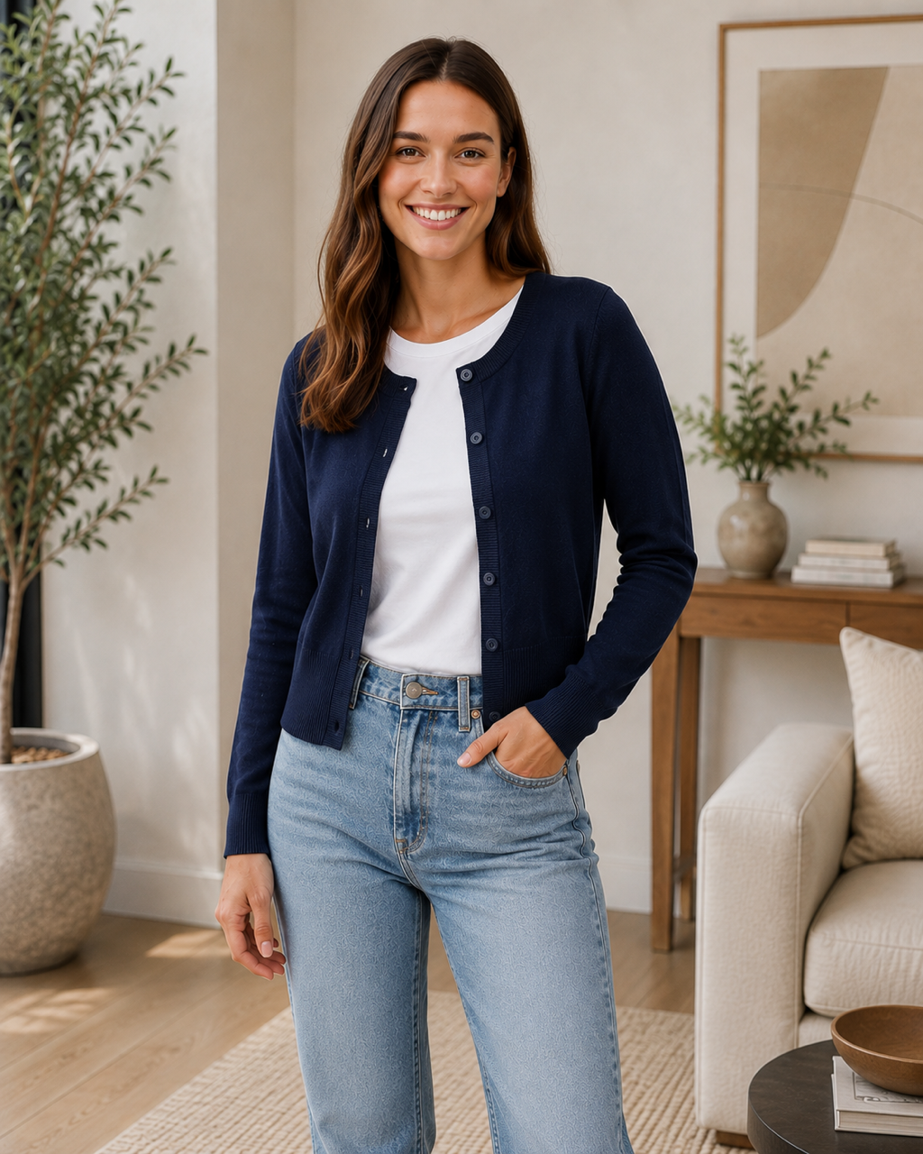 SavVy | Retail Therapy model wearing navy cropped cardigan over a white t-shirt and jeans