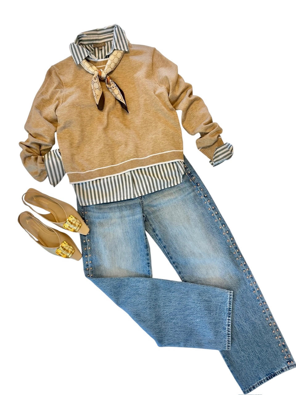 savvy womens boutique greenville south carolina womens beige crewneck sweater styled with a stripe button down and jeans