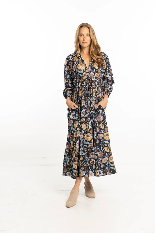 Sonia Printed Maxi Dress in navy gardenia by Bindu