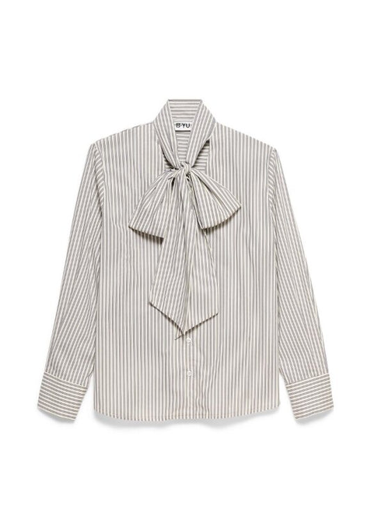 Stripe Neck Tie Blouse in grey by B-YU