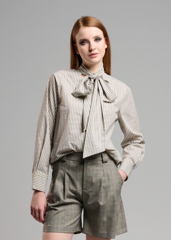 Stripe Neck Tie Blouse in grey by B-YU