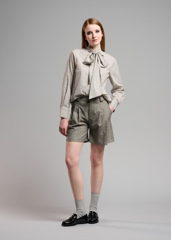 Stripe Neck Tie Blouse in grey by B-YU
