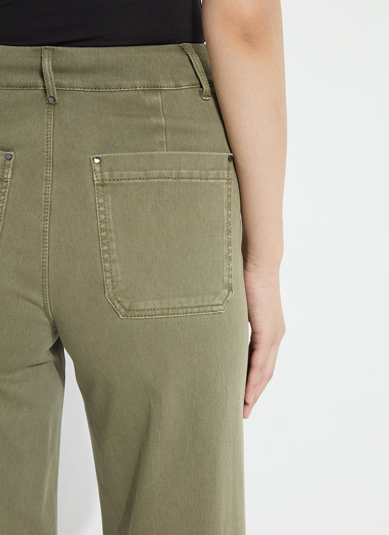 Erin Hi Waist Wide Leg Denim in antique wash smocked green by Lysse