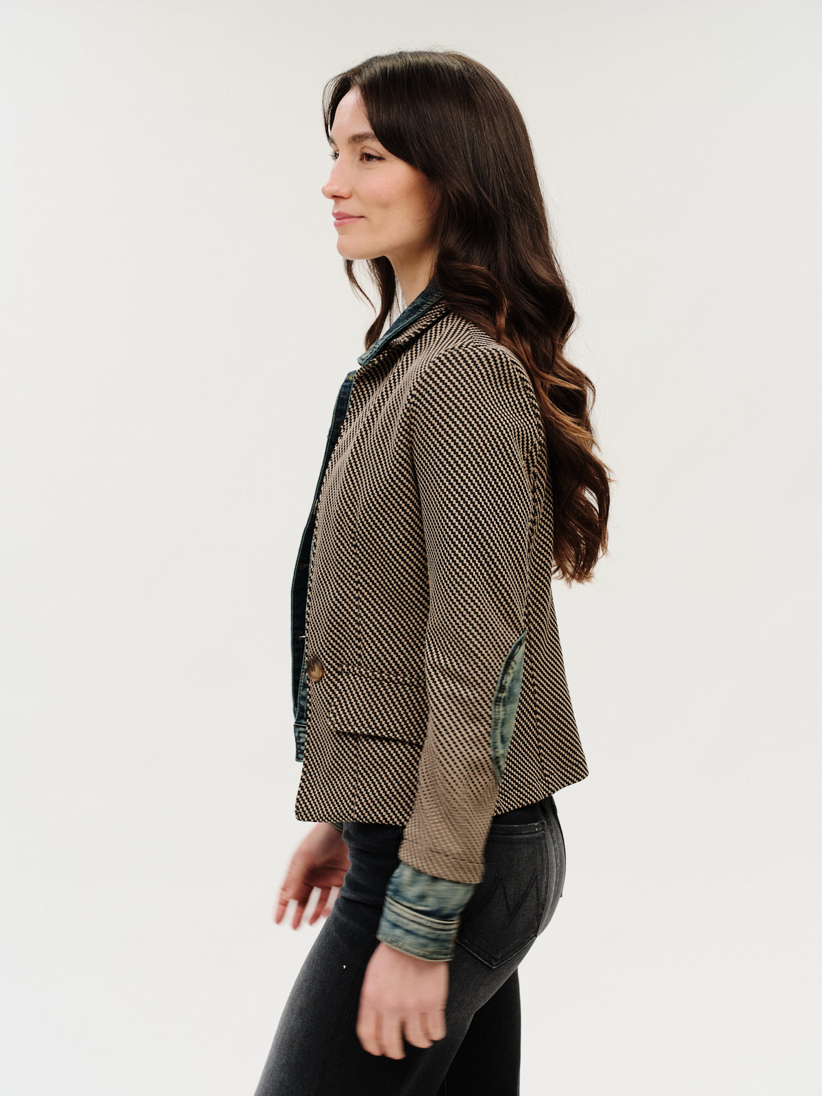 Mixed Media Denim Jacket in lexington check by Six Fifty