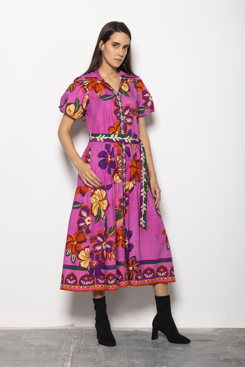 Delia Printed Maxi Dress in mauve blossoms by Maude Vivante