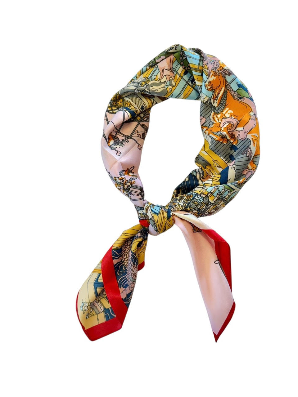 Train Print Silky Twill Scarf in red