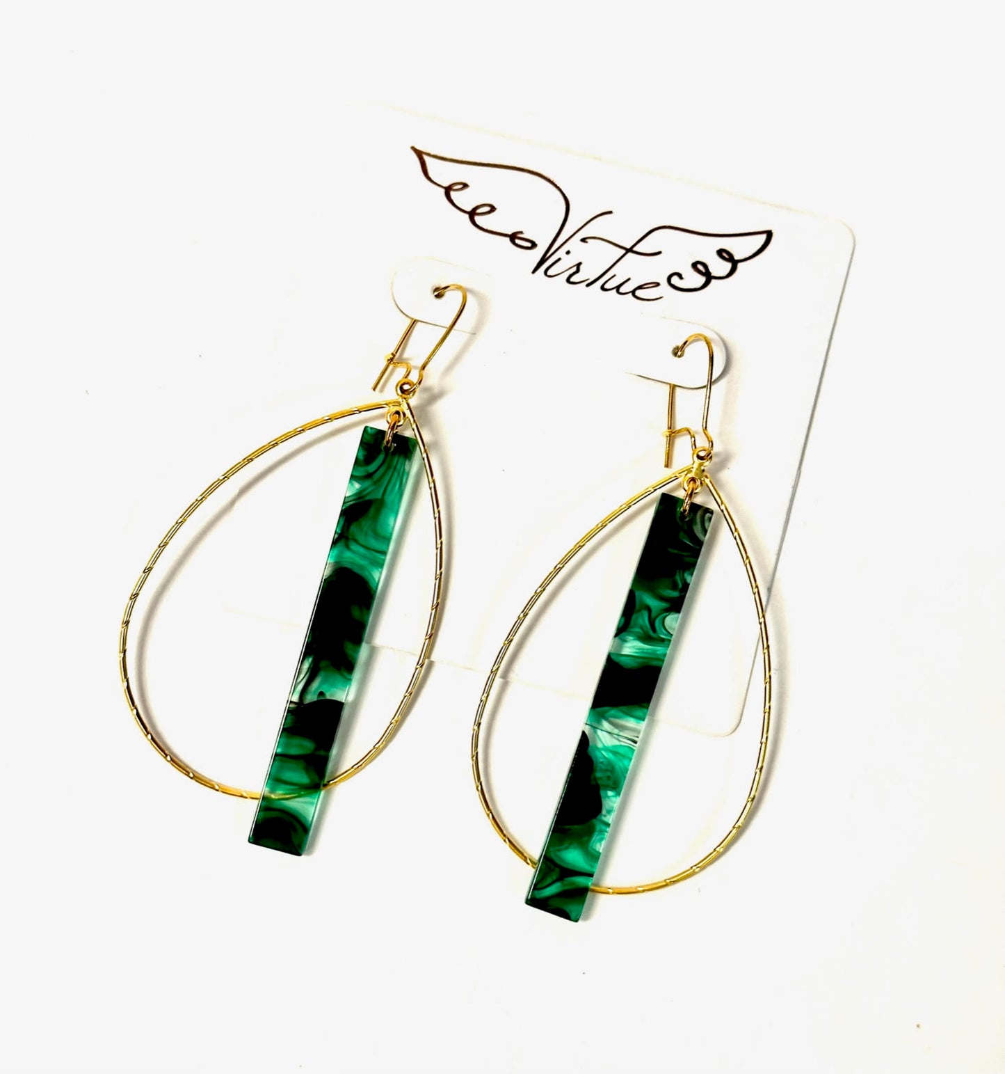 Acrylic Bar on Double Bale Hoop Earring in green marble by Virtue