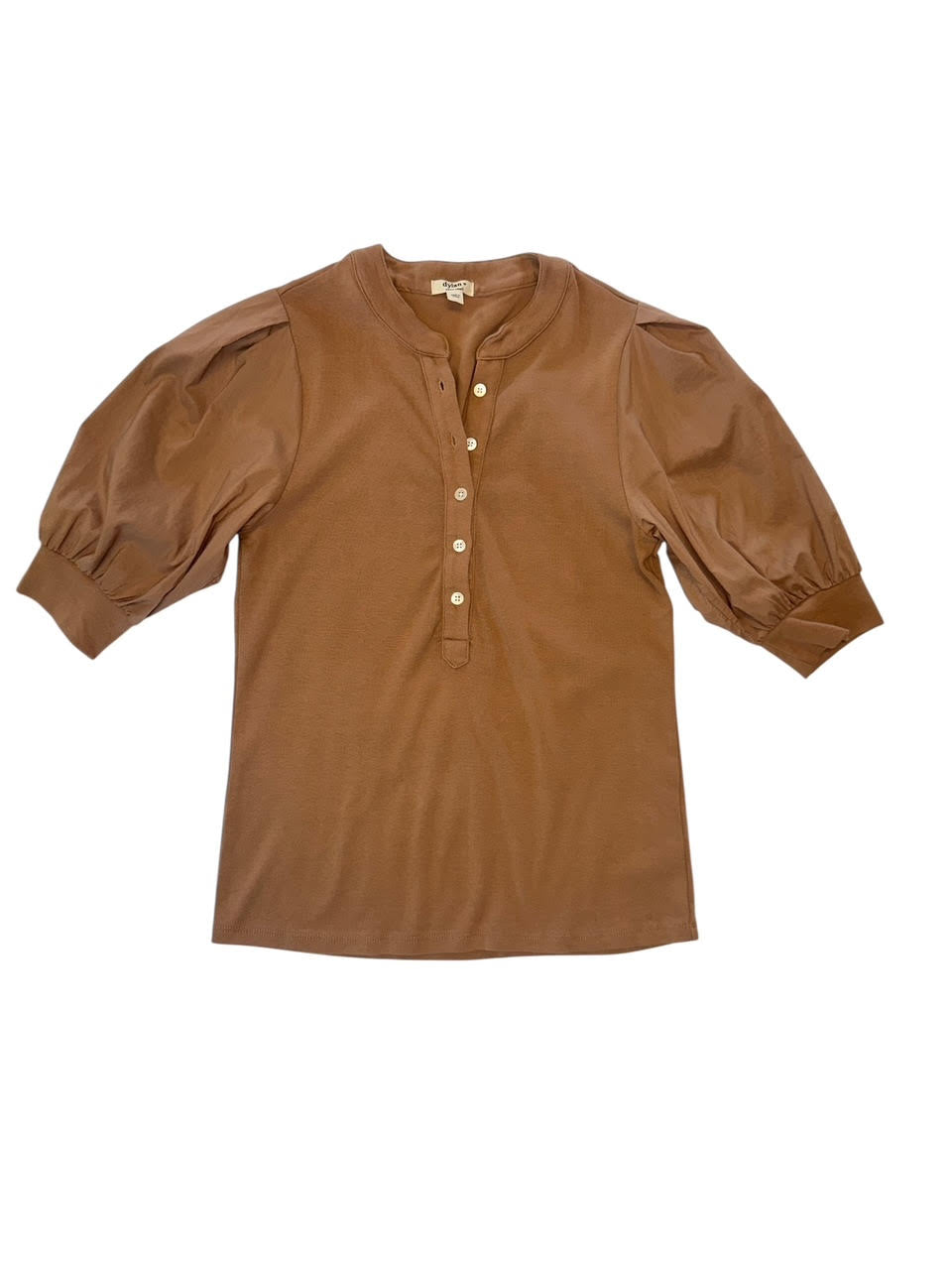 Mae Henley Top with Poplin Sleeve in mocha by Dylan