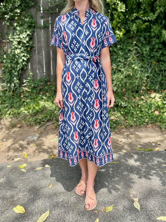 Sydney Shirt Dress in tulip ikat navy by Isla Payal