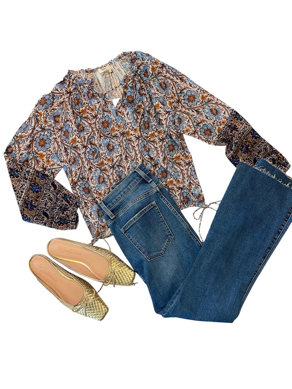 Talia Printed Long Sleeve Blouse in denim/brown by Dylan