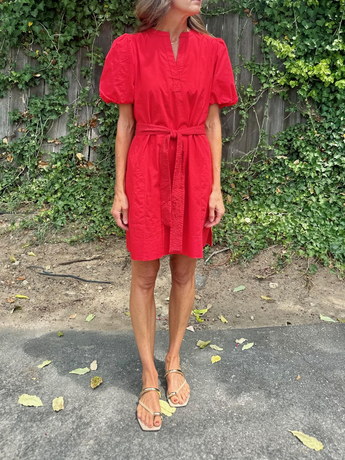 Shirred Sleeve Split Neck Dress in scarlet by Lilla P
