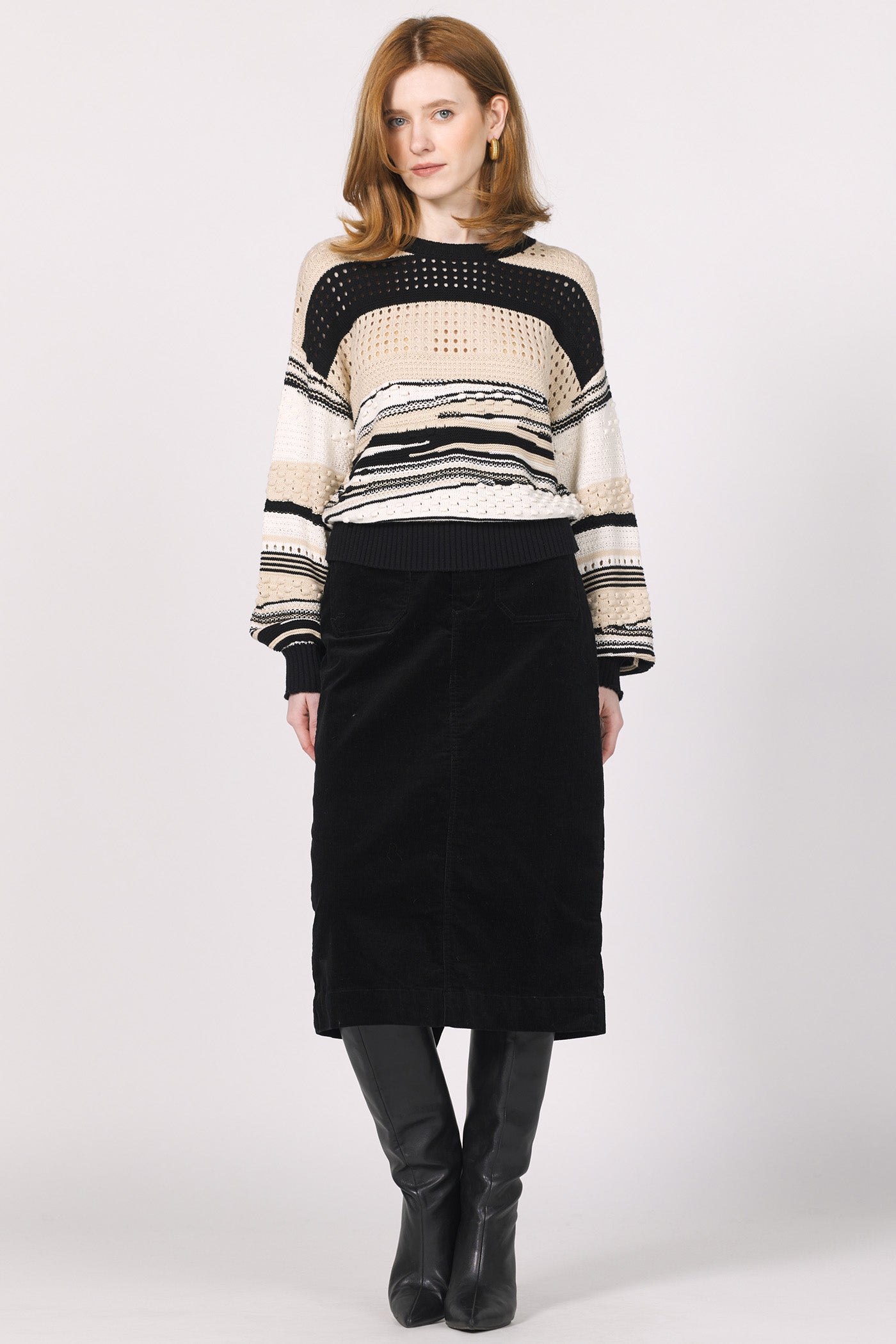 Maryn Open Weave Sweater in oatmeal/black by Another Love