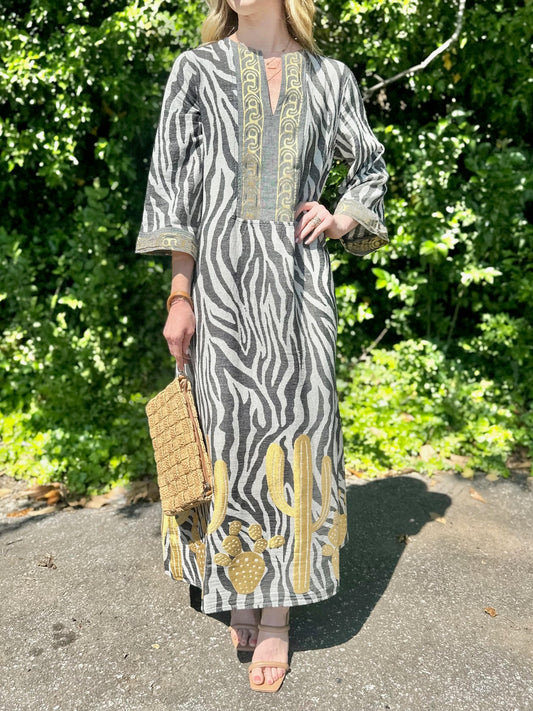 Zebra Print Kaftan with Embroidery in grey/gold by Nema