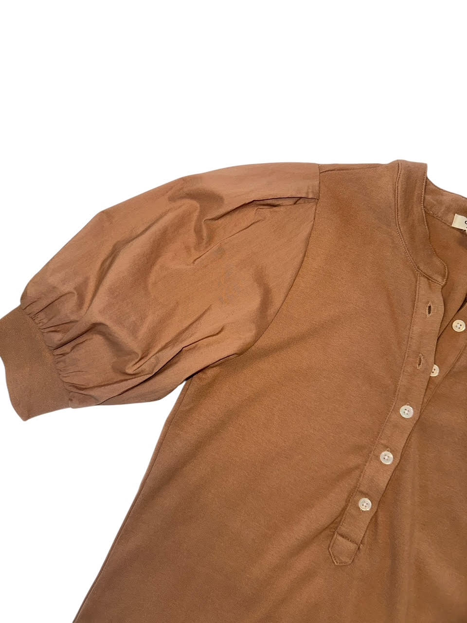 Mae Henley Top with Poplin Sleeve in mocha by Dylan