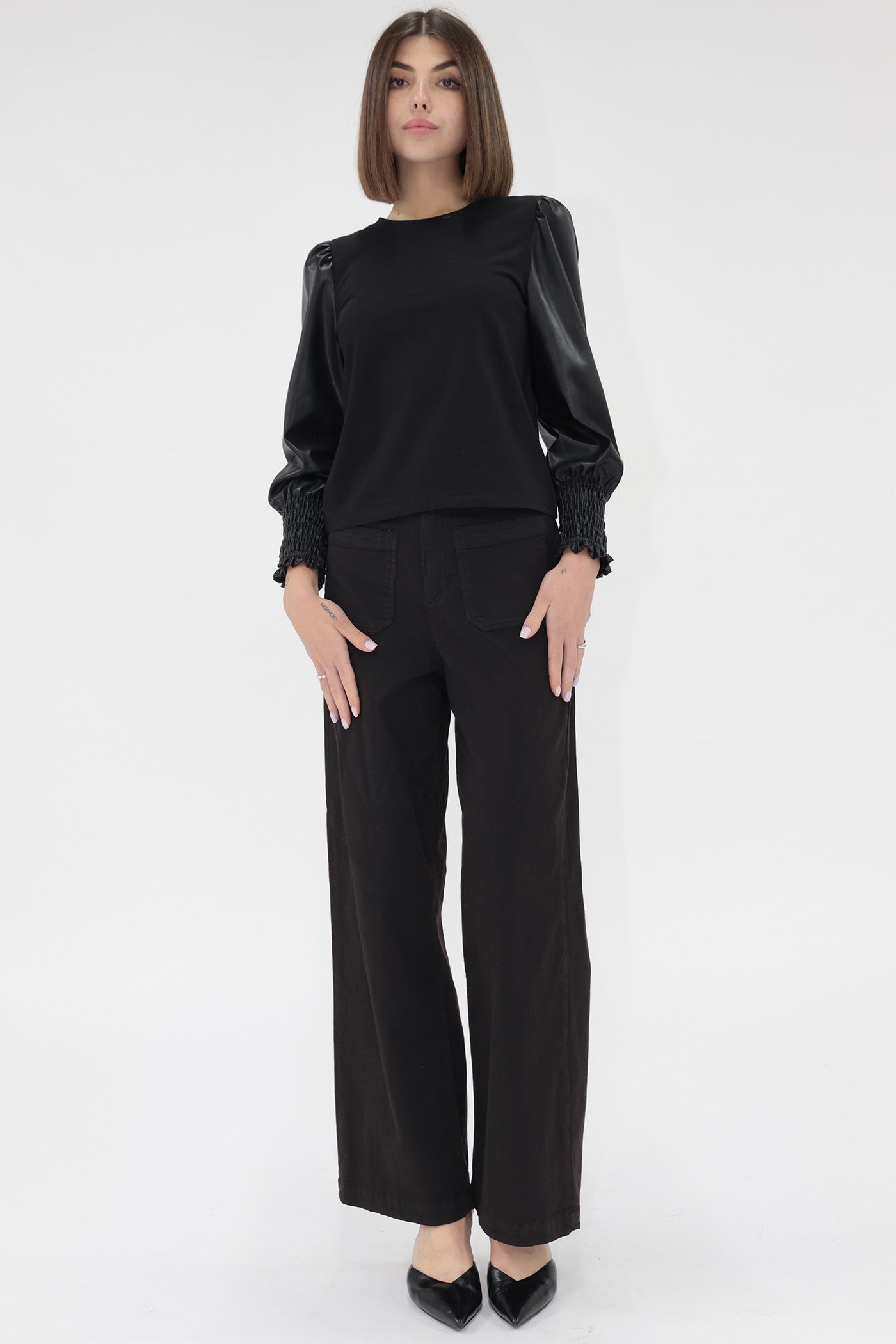 Giovana Faux Leather Sleeve Top in black by Another Love