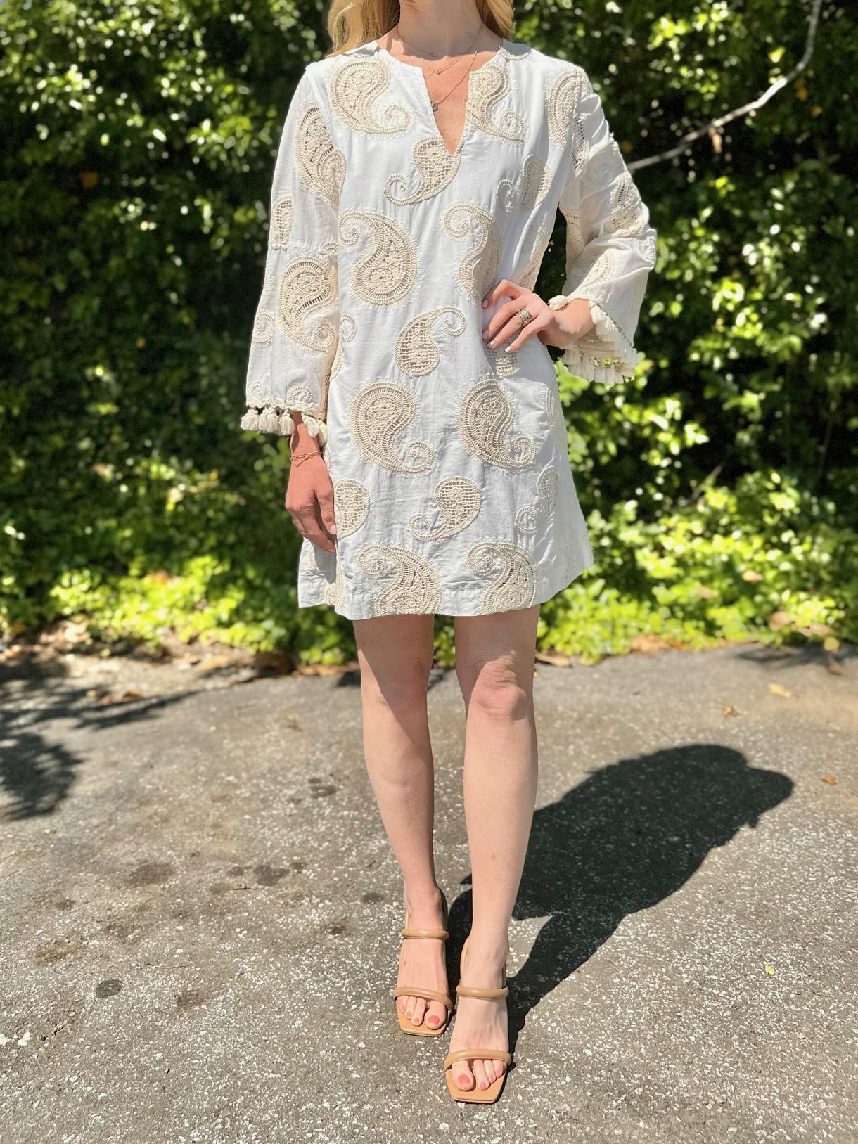 Neutral Embroidered Shift Dress in white by Nema