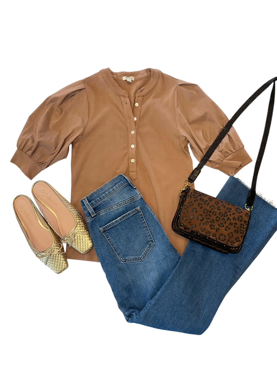 Mae Henley Top with Poplin Sleeve in mocha by Dylan