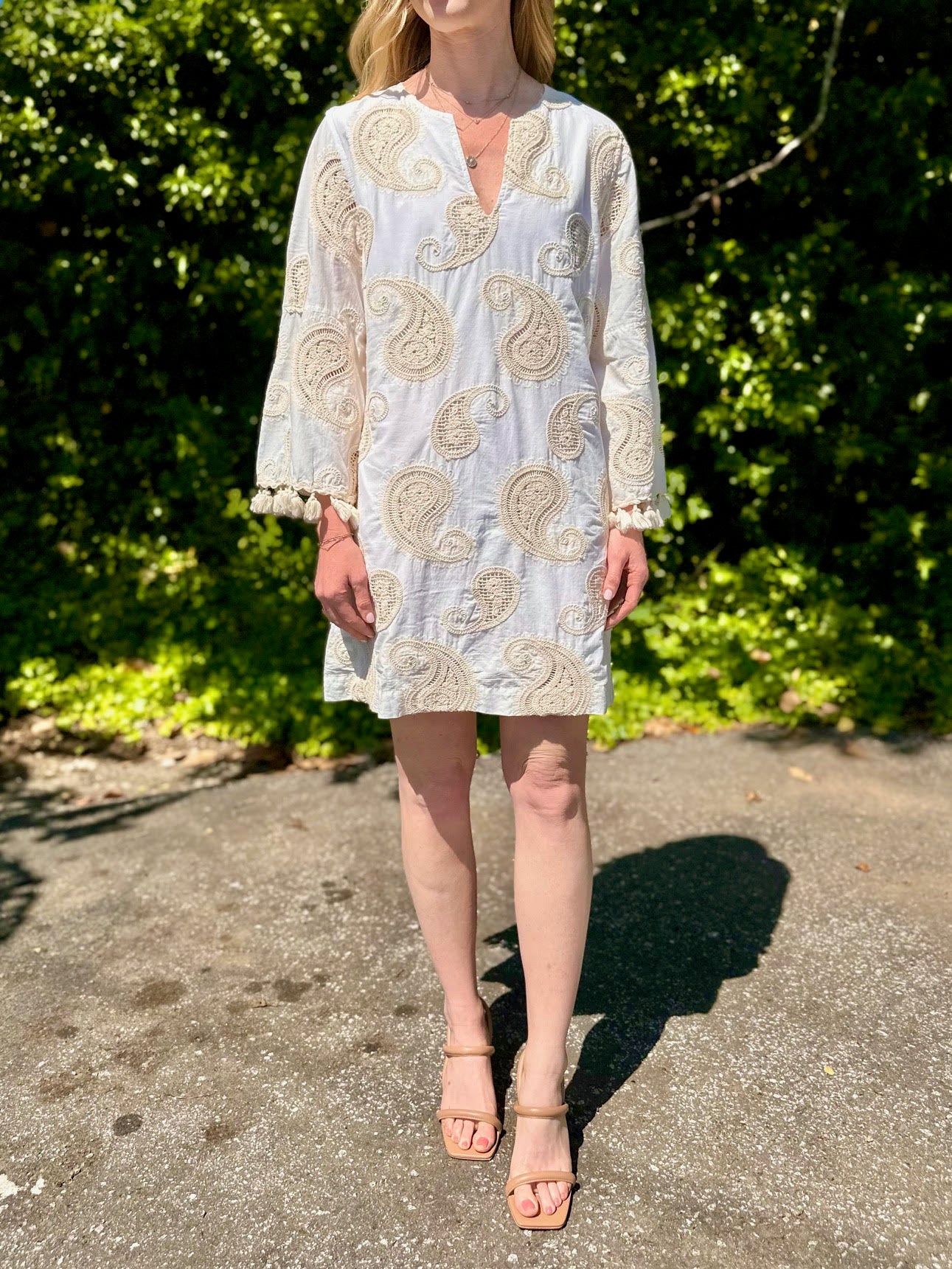 Neutral Embroidered Shift Dress in white by Nema