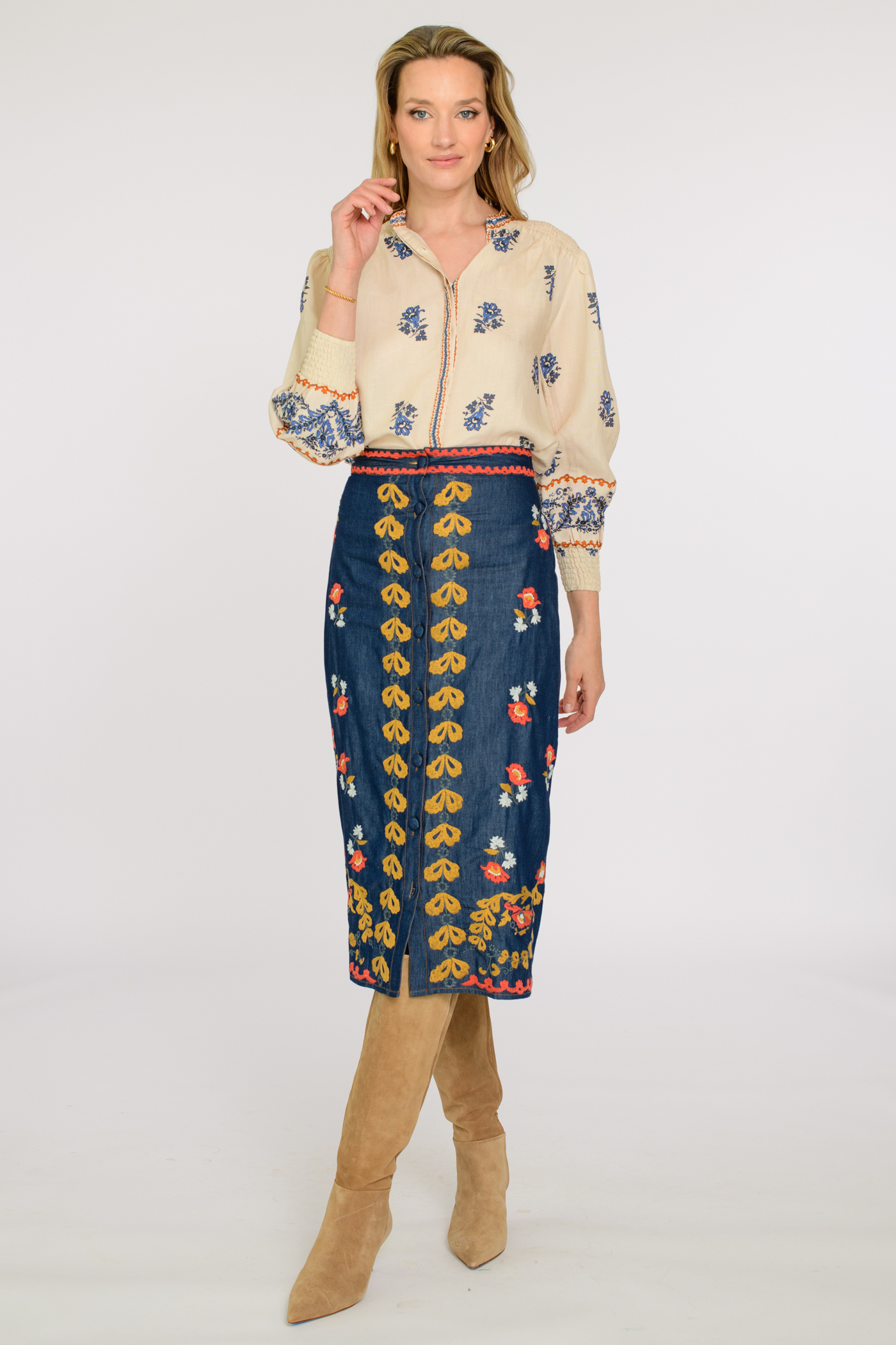 Frannie Embroidered Midi Skirt in denim by Elizabeth James