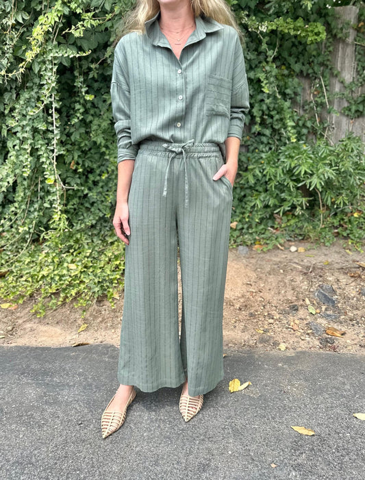 Linen Stripe Wide Leg Pants in army by Haris Cotton
