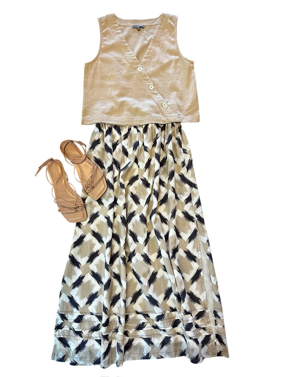 Lilla P Summer Capsule Event- Shirred Elastic Waist Skirt in neutral ikat