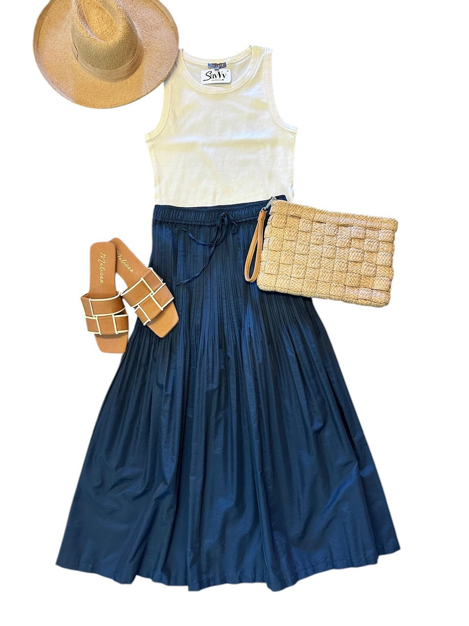 Elastic Waist Pleated Midi Skirt in navy by Current Air