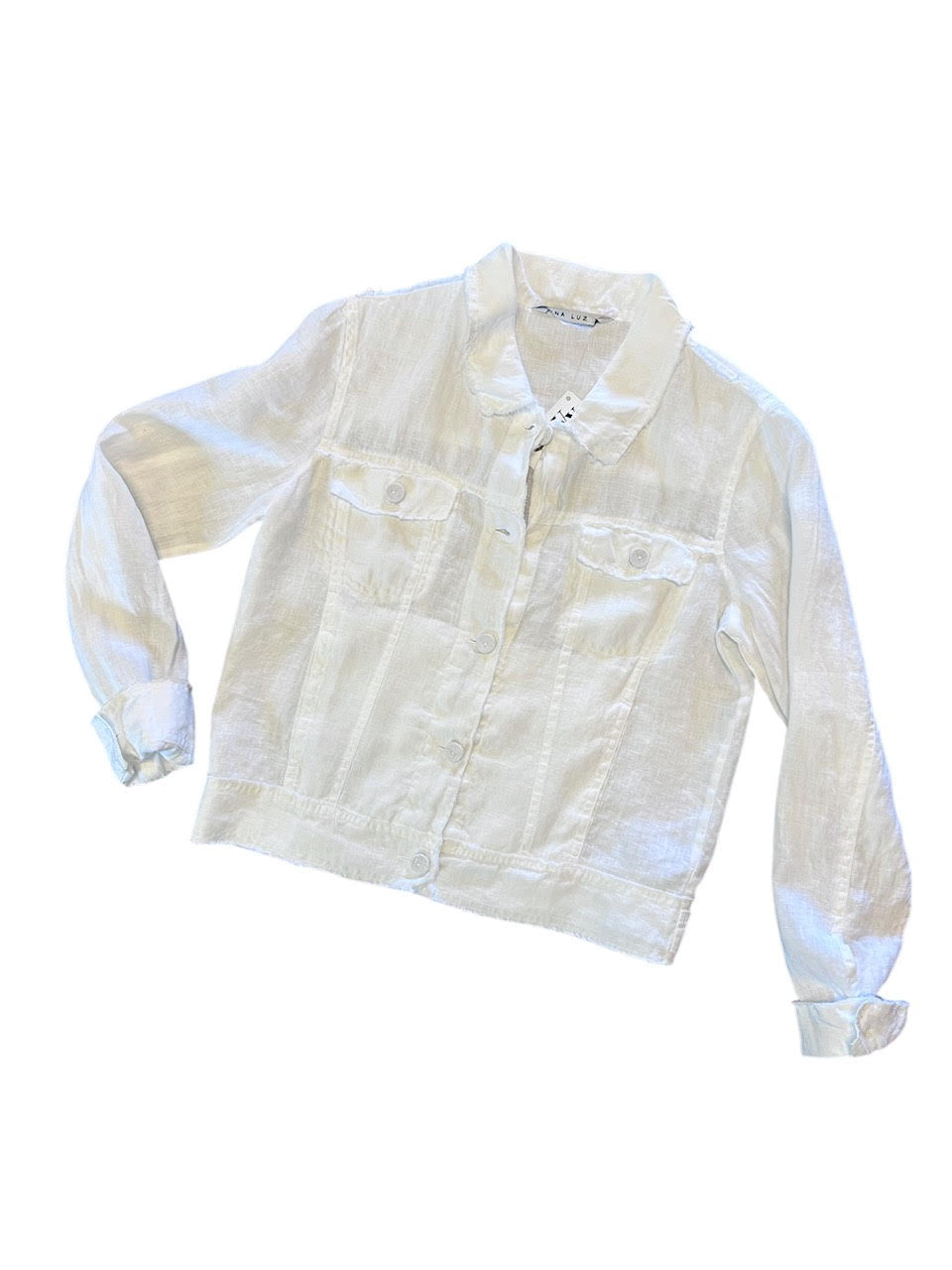 Frayed Linen Jean Jacket in white by Luna Luz