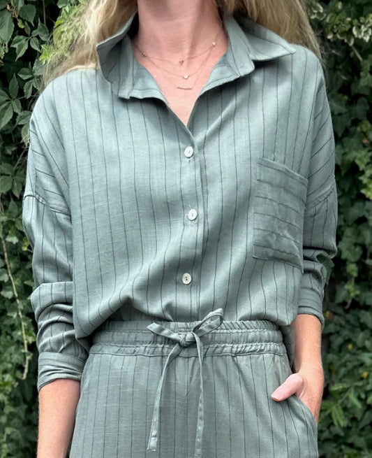 Linen Stripe Button Up Top in army by Haris Cotton