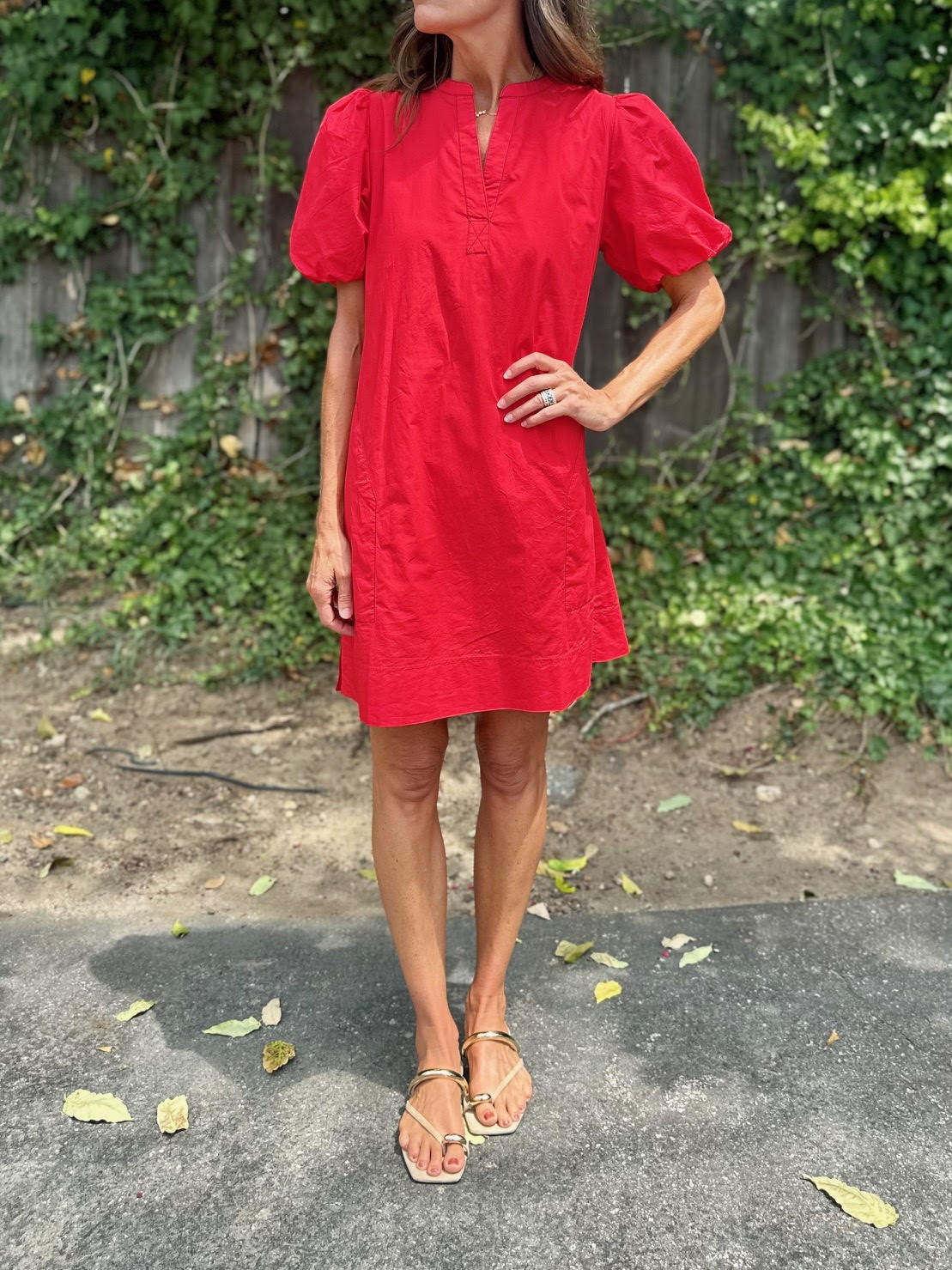 Shirred Sleeve Split Neck Dress in scarlet by Lilla P