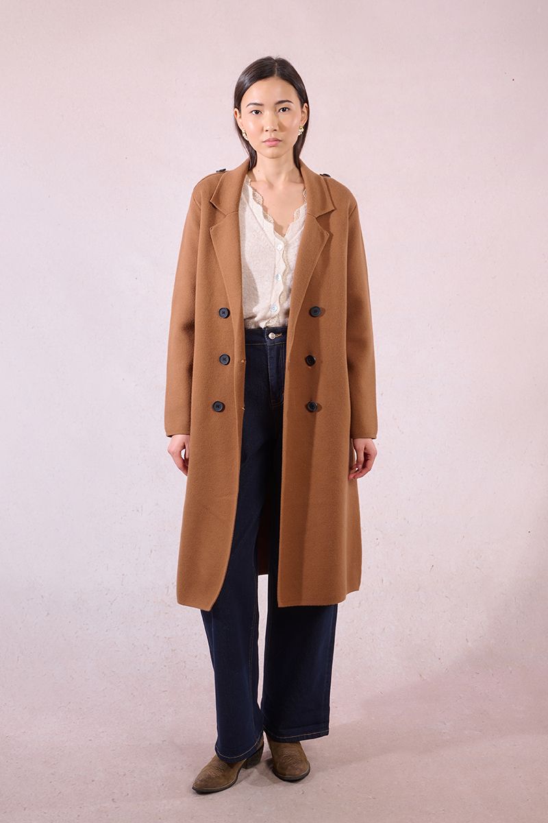 Long Sweater Coat in camel by Molly Bracken