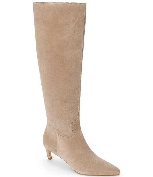 Elevate Pointed Toe Knee High Kitten Heel Boot in taupe by Matisse