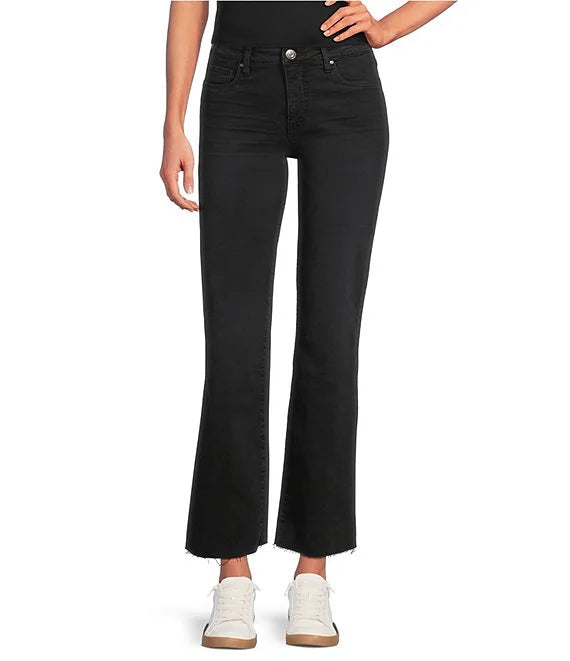 Kelsey High Rise Flare with Raw Hem in black by KUT