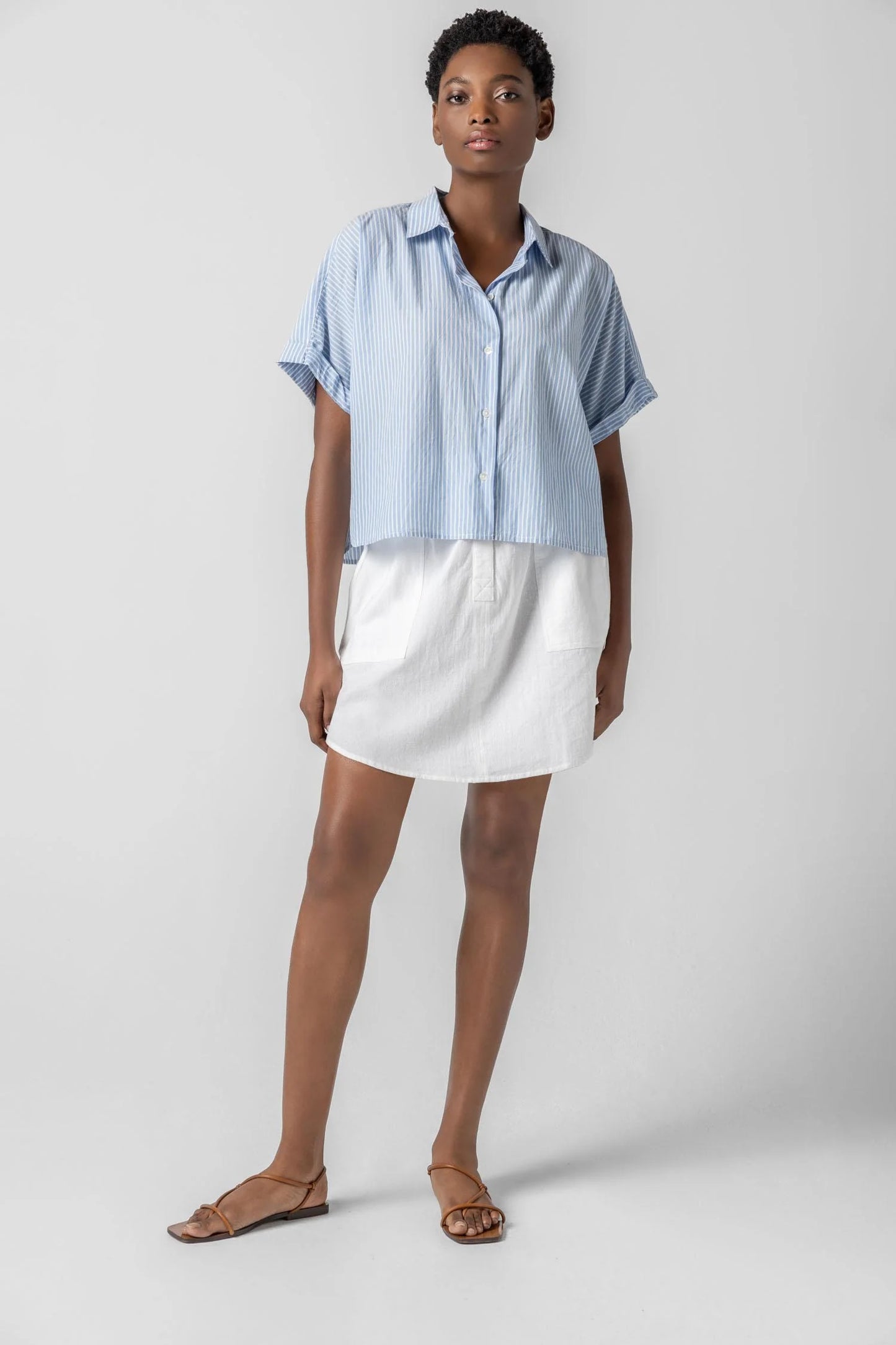 Lilla P Summer Capsule Event- Striped Boxy Button Down Top in malibu stripe