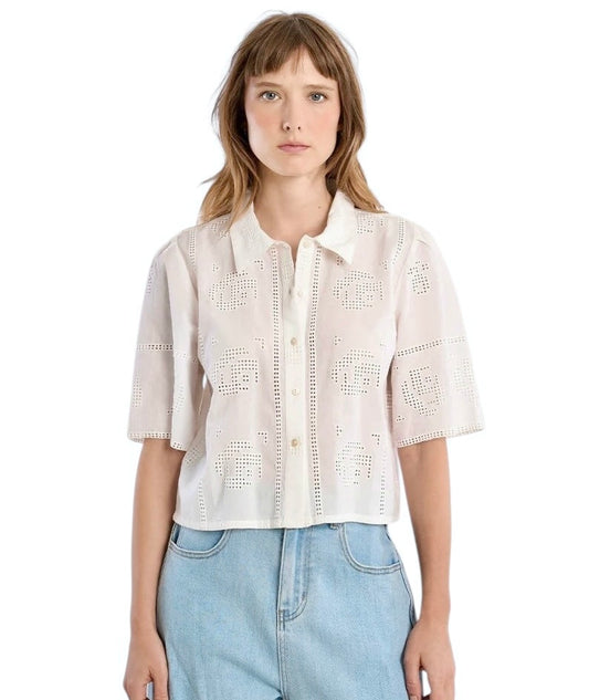 Openwork Embroidery Crop Shirt in off white by Molly Bracken
