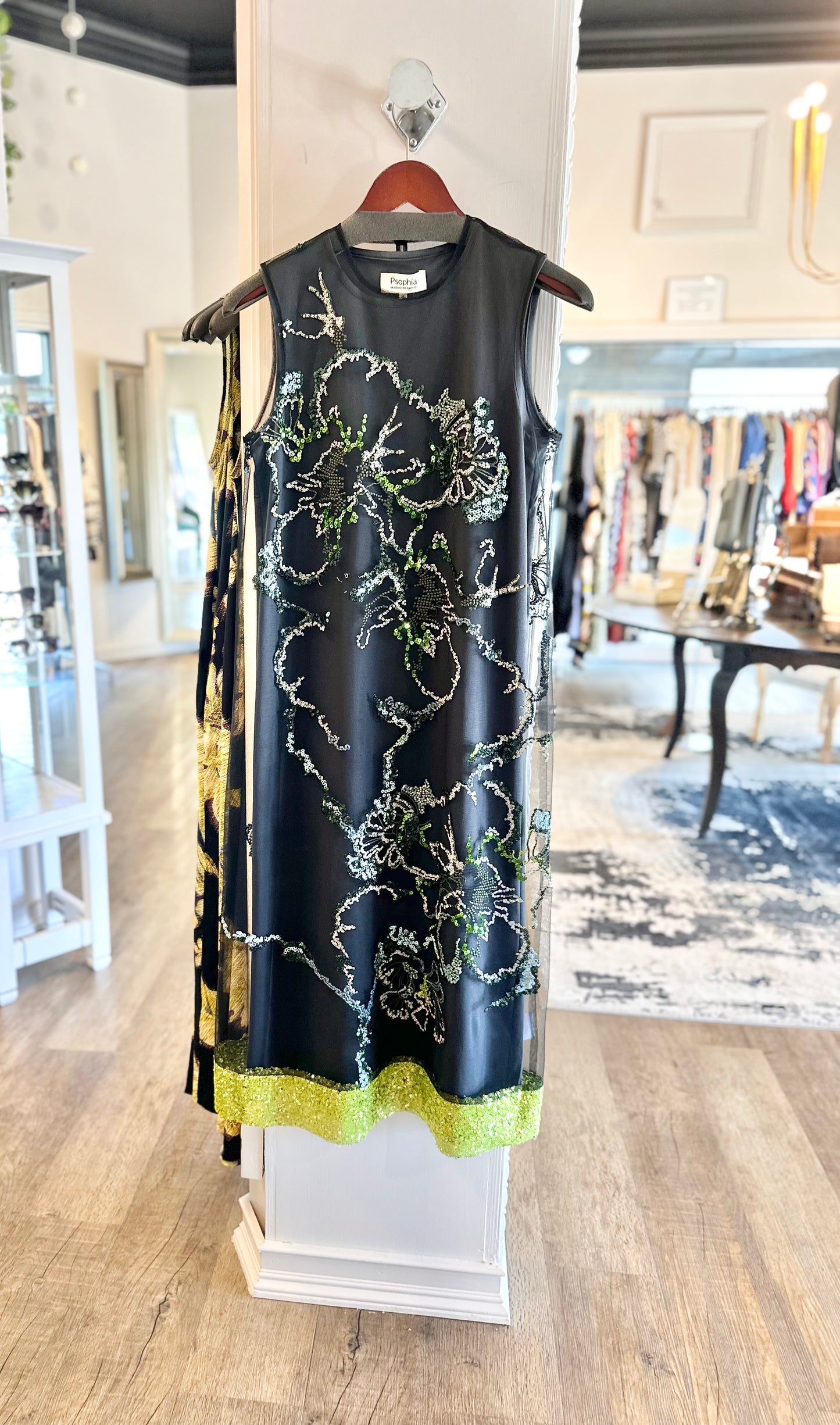 Sleeveless Floral Sequins Maxi Dress in green by Psophia