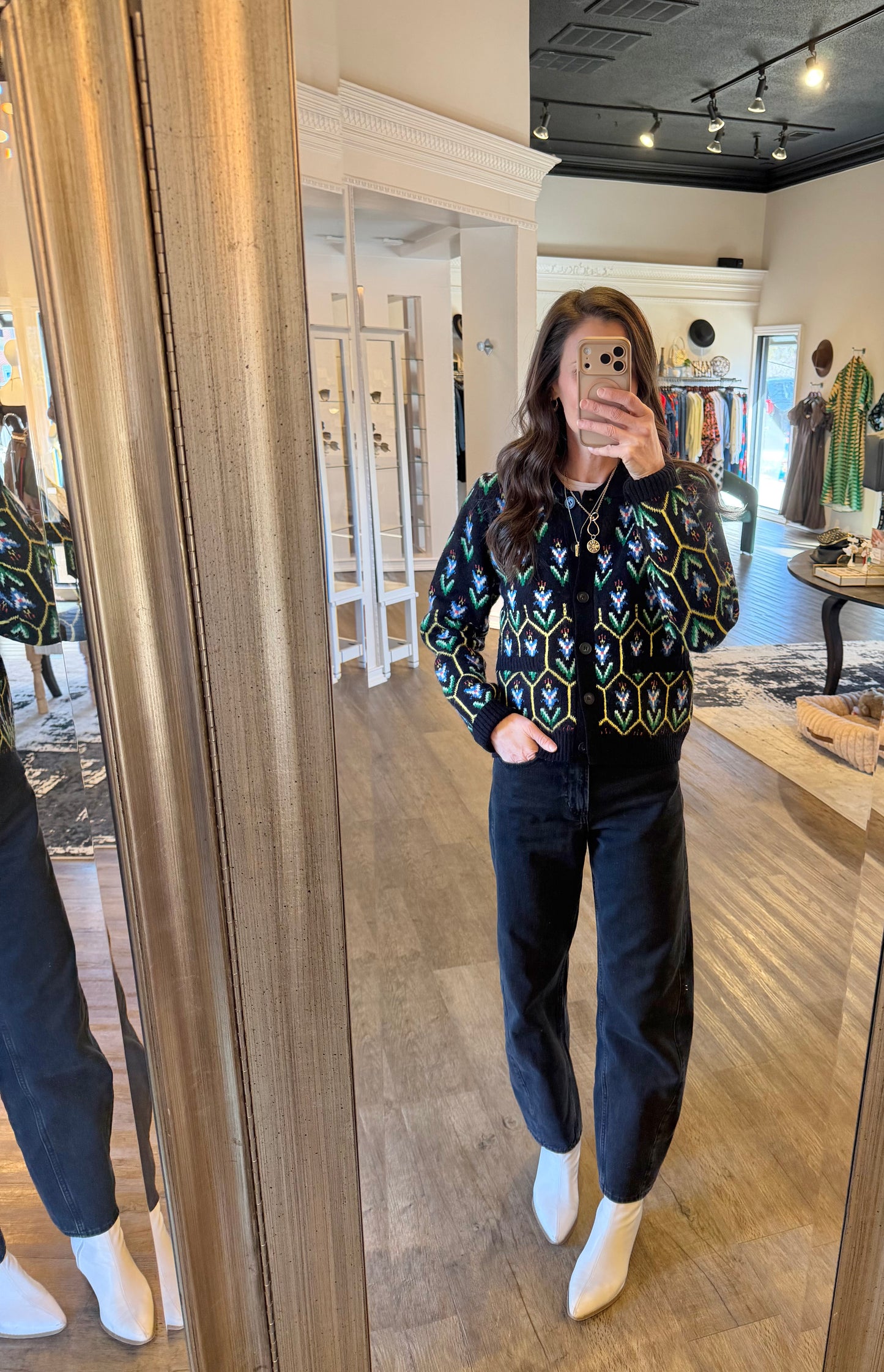 Floral Knit Collared Sweater Cardigan in black multi by &Merci