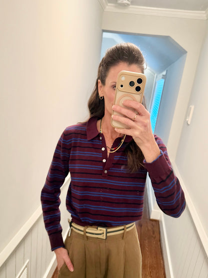 Greta Long Sleeve Stripe Polo Sweater in claret azure by Pistola