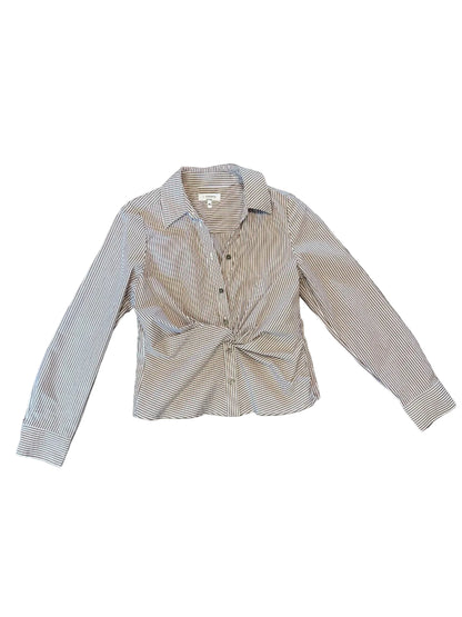 A long-sleeve button-up shirt with thin vertical stripes in beige and white.