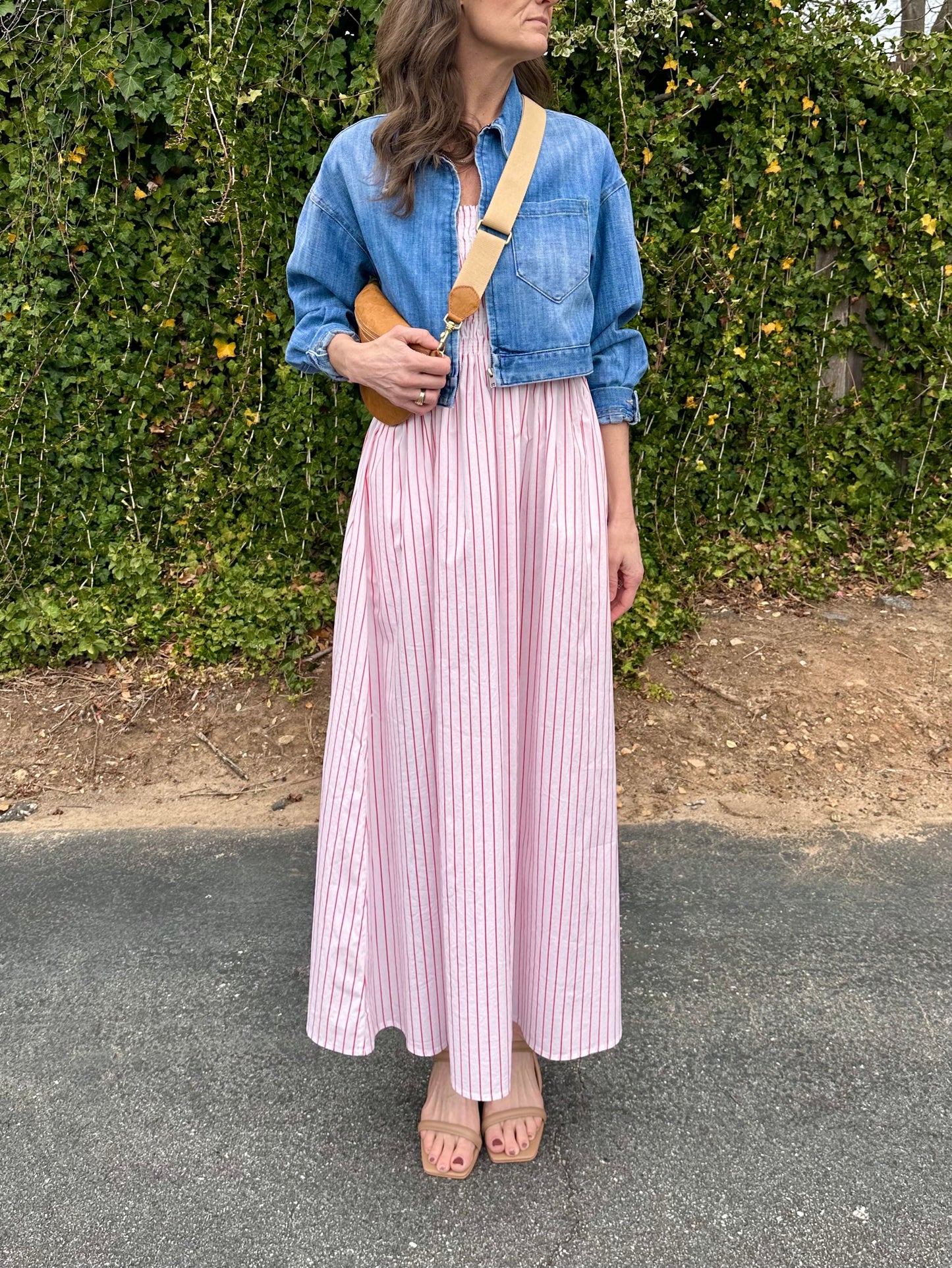 Bianca Shirred Bodice Dress in ruby stripe by Pistola