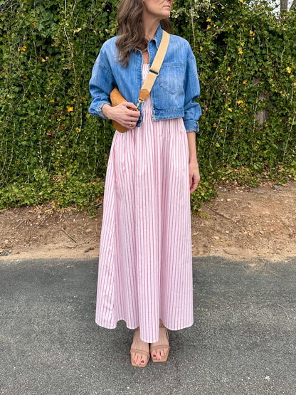 Bianca Shirred Bodice Dress in ruby stripe by Pistola