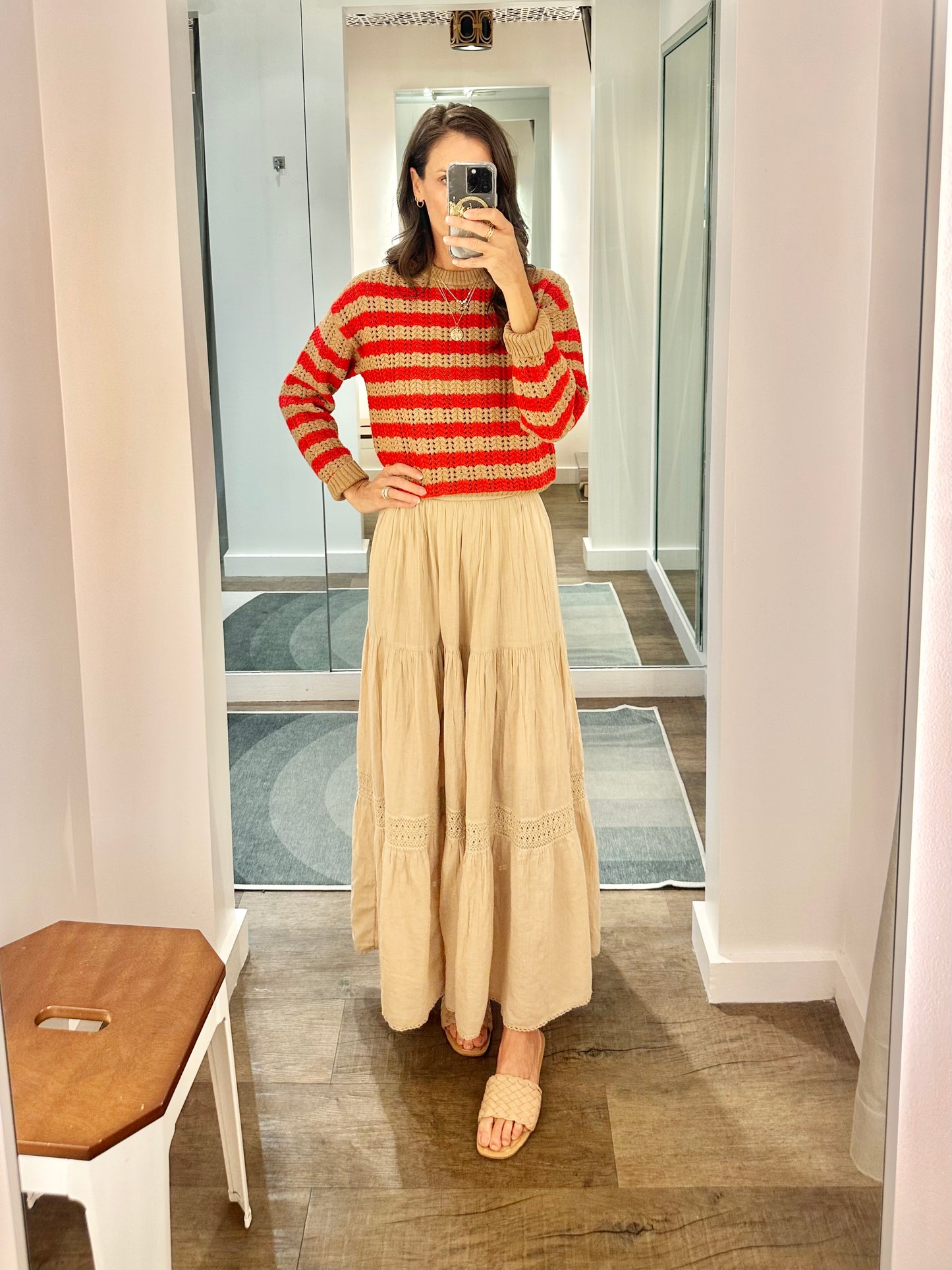 Stripe Stitch Sweater in acorn/scarlet by Lilla P