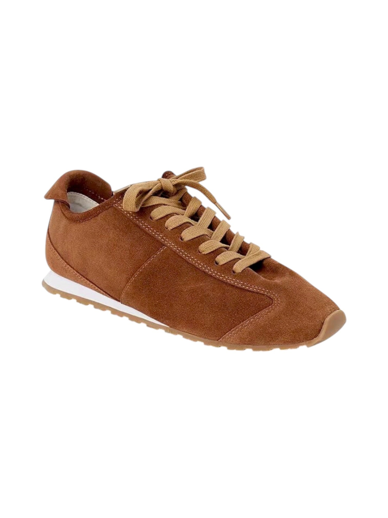 Brown faux suede sneaker front view with laces tied