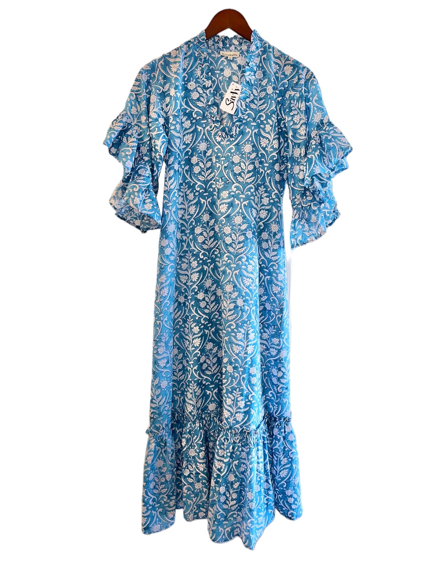 Soleil Flutter Sleeve Maxi Dress in blue trellis by Fitzroy & Willa