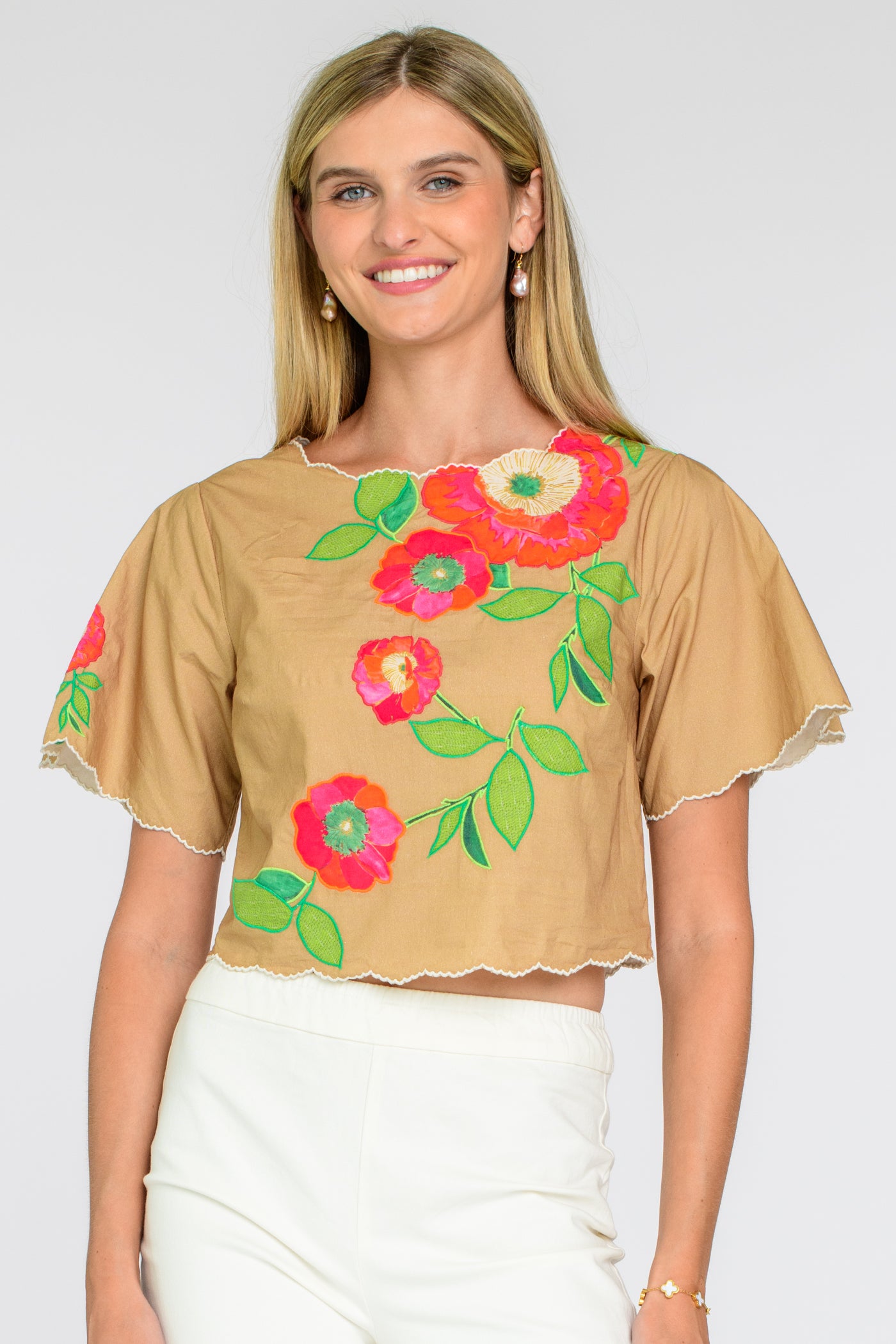 Elizabeth James beige poppy top front view