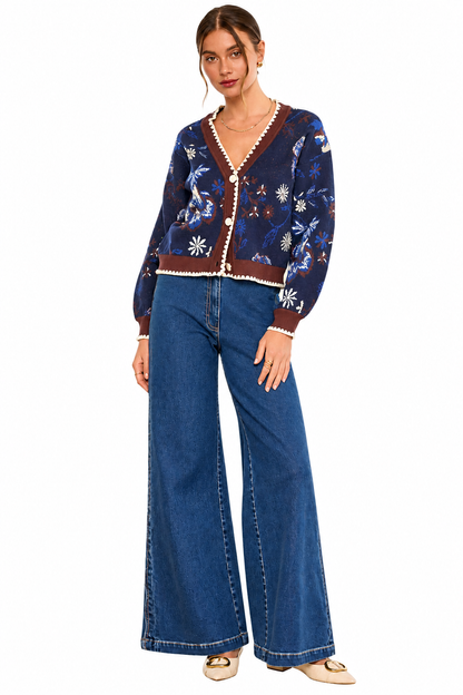 Floral Intarsia Sweater Cardigan in navy by Skies Are Blue
