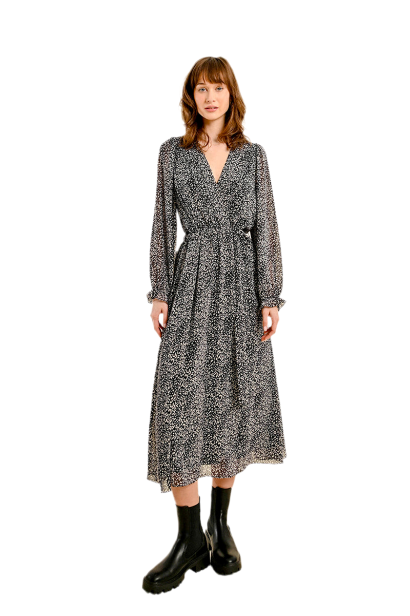 Long Sleeve Printed Maxi Dress in black by Molly Bracken