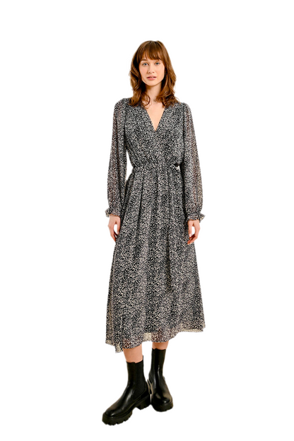 Long Sleeve Printed Maxi Dress in black by Molly Bracken