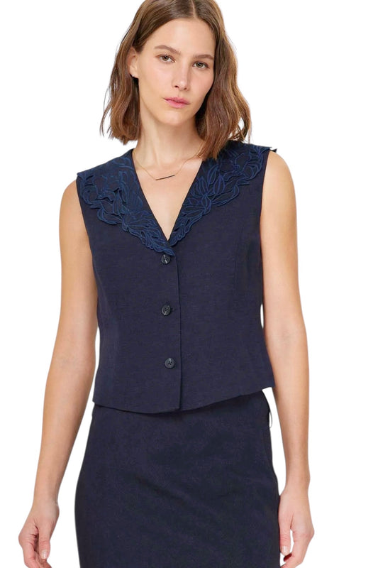 V-Neck Sleeveless Button Front Vest in navy by Current Air