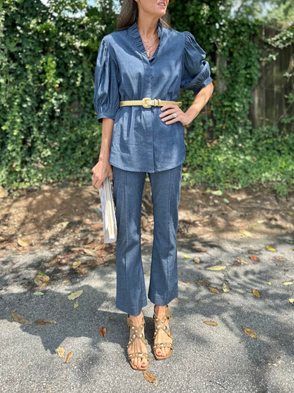 Laura Ruffle Front Top in stretch denim by Holly Shae